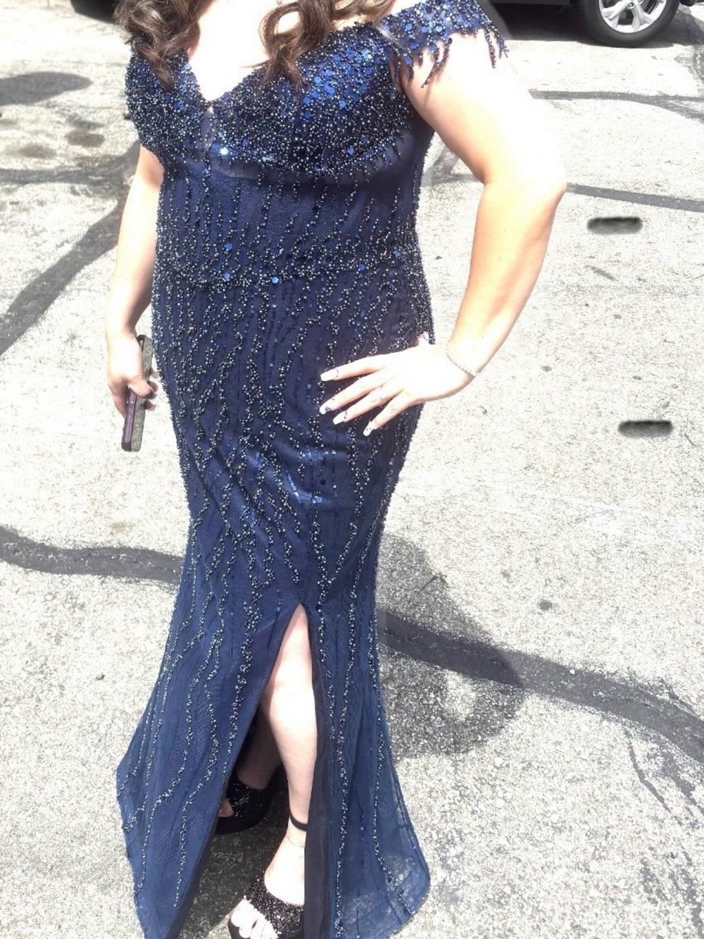 Elegant Navy Beaded Off-Shoulder Evening Gown